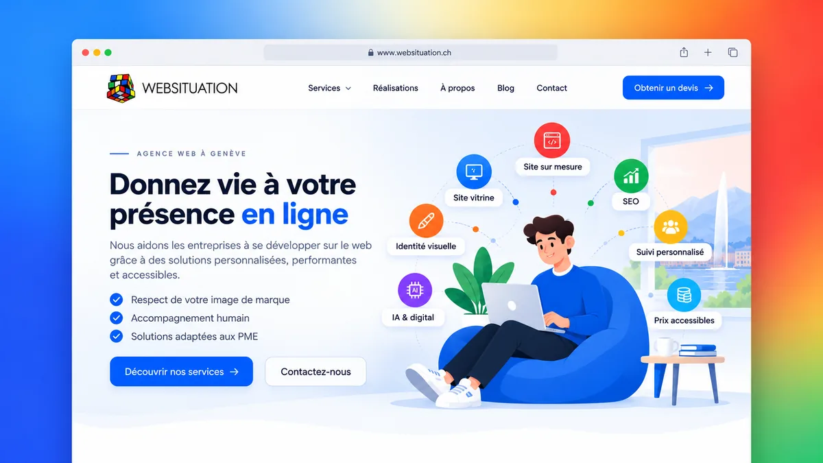 Page d’accueil du site Websituation affichée dans un navigateur, avec des icônes : site vitrine, site sur mesure, SEO, identité visuelle, IA et digital, prix accessibles