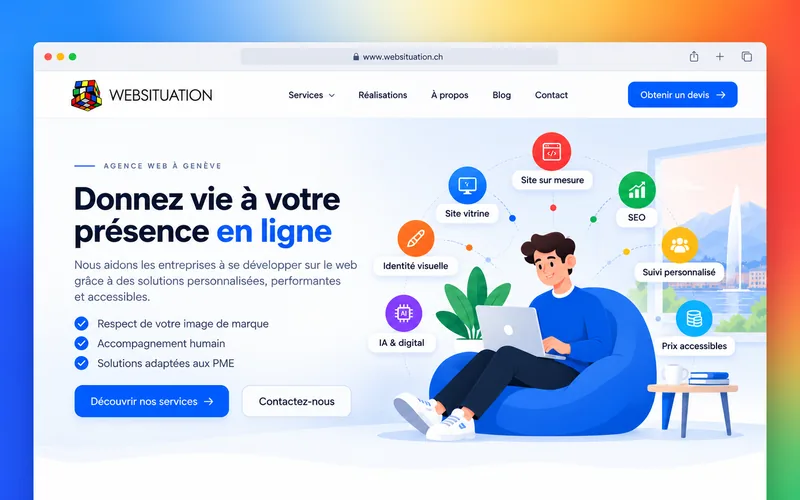 Page d’accueil du site Websituation affichée dans un navigateur, avec des icônes : site vitrine, site sur mesure, SEO, identité visuelle, IA et digital, prix accessibles