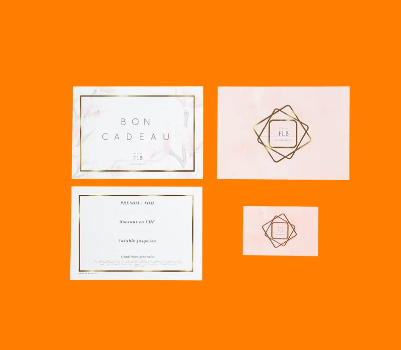 FLB gift card, card and business card on an orange background
