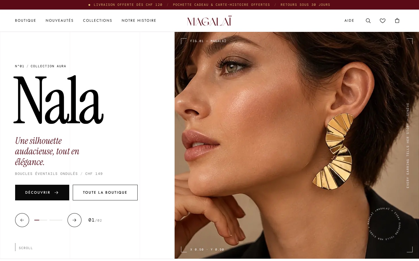 Magalaï (earring boutique) shown on Desktop · 1440 px